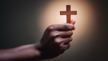 Sticker - Wooden Christian Cross being held by Dark Skinned Hand - Symbol of Christianity - Believe and Faith in Christ or God - Praying or Wishing - Worshipping of Religion - Asking for Blessing from Above