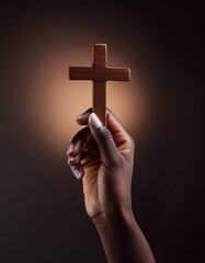 Sticker - Wooden Christian Cross being held by Dark Skinned Hand - Symbol of Christianity - Believe and Faith in Christ or God - Praying or Wishing - Worshipping of Religion - Asking for Blessing from Above