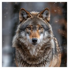 A lone wolf standing alert, white background, detailed fur and intense gaze, realistic style, high resolution, perfect for wildlife posters