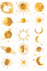collection of golden celestial icons including suns, moons, and stars