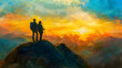 © mfz - Couple of man and woman hikers on top of a mountain at sunset or sunrise Oil color painting. Generative AI.