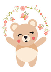 Sticker - Cute teddy bear with wreath of flowers and butterfly