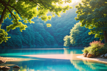 A colorful autumn landscape with a lake reflecting the yellow leaves of trees in a park