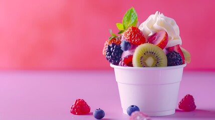 Cup of fruits ice cream green and purple background