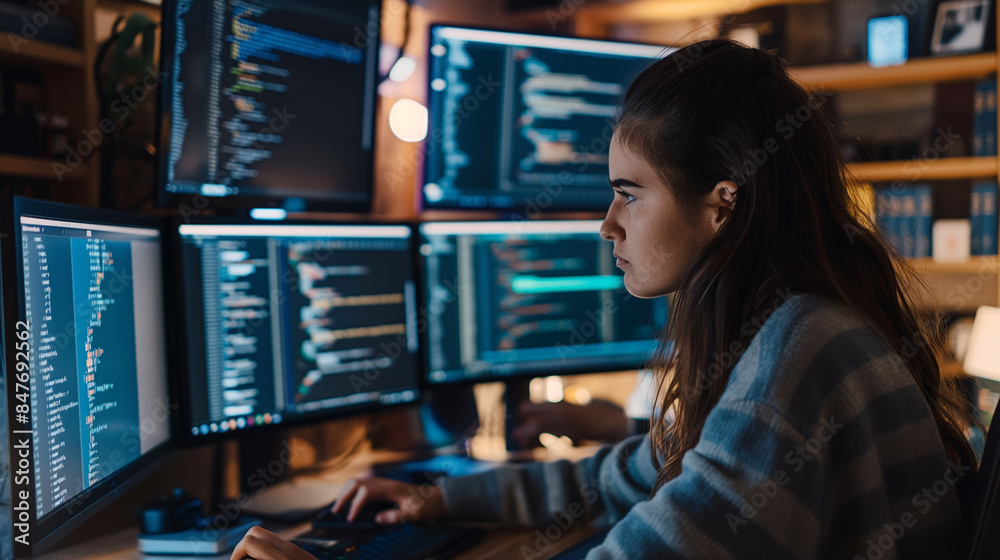 Seated before a computer arrayed with several monitors displaying lines ...