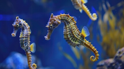 Close up view of seahorses swimming horizontally in a tank with a blurred blue backdrop