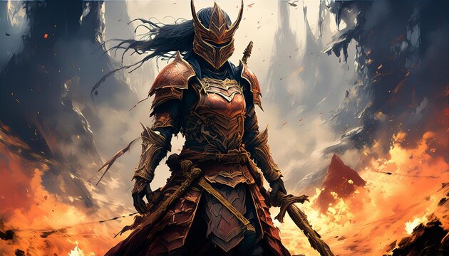 Epic fantasy theme, fiery battlefield background, a warrior in elaborate armor holding a sword, dramatic and intense composition, vibrant and contrasting color scheme. 