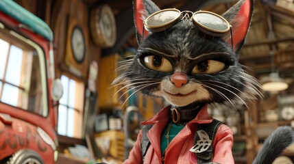 Poster - A cartoon cat with goggles and a leather jacket standing in front of an old car, AI