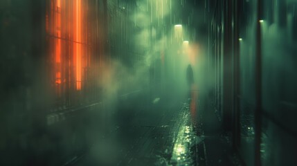 Poster - A person walking down a dark hallway in the middle of night, AI