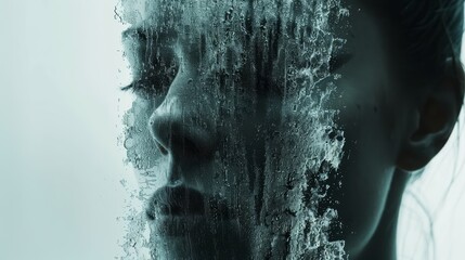 Wall Mural - A woman's face is shown through a glass window, AI