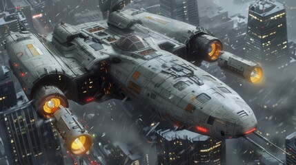 A futuristic spaceship flying over a city with lights on, AI