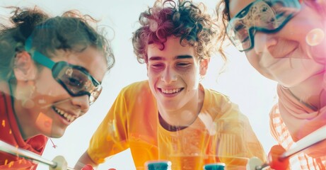 Wall Mural - A multiracial group of friends plays foosball and a cute Caucasian boy wears a cape and glasses.