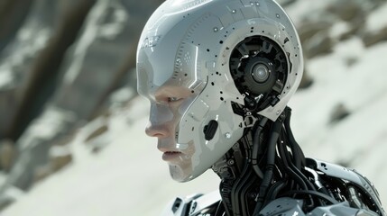 Poster - A close up of a robot with its head turned to the side, AI