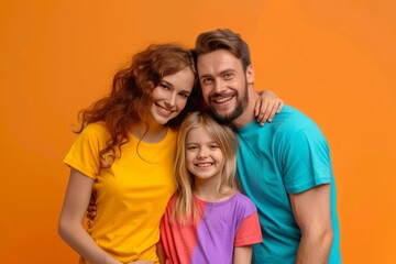 The parents of a young smiling cheerful happy family with a kid daughter wear basic t-shirts as they look at the camera isolated on yellow background in a studio portrait. Children play with their