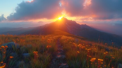 Wall Mural - a serene mountain hike at sunrise.