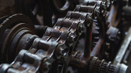 Poster - Factory gears and chains close-up, maintenance in progress, no people, metal texture, soft overhead light 