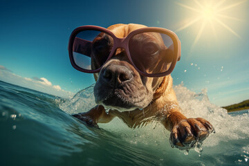 Generative AI photo of funny happy dog domestic animal enjoying summer vacation sea resort outdoors