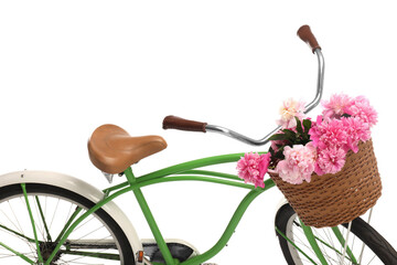 Poster - Bicycle with basket of pink peony flowers isolated on white