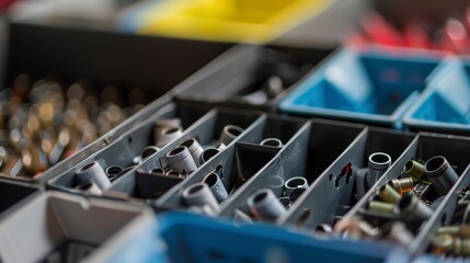 Poster - Factory storage bins close-up, assorted small components, no humans, detailed organization, sharp focus 