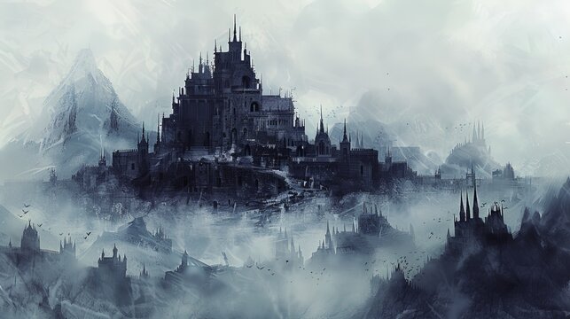 Detailed digital painting of a fantasy castle floating in the clouds with a low key color scheme and gothic architecture - fantasy illustration