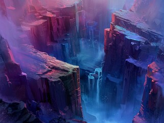 Wall Mural - This is an original digital weird fantasy landscape with cliffs and rocks and a human figure in a long cape standing in the foreground