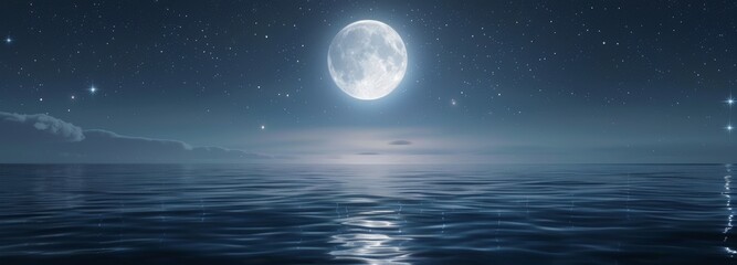 Wall Mural - A romantic moon, clouds, and starry sky over a sparkling blue sea