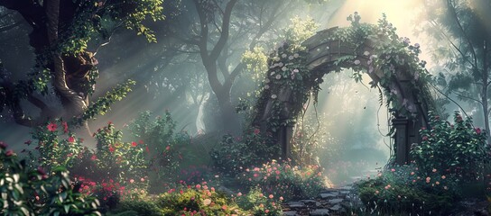 A beautiful arched path covered in vines in the middle of a forest scene from a fairy tale, misty on a spring day. Digital art illustration 3D.