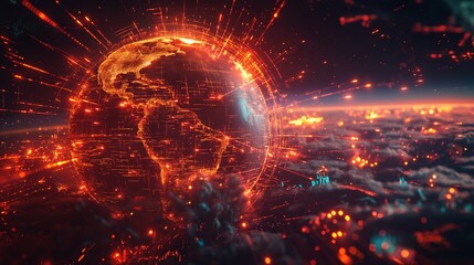 Poster - A glowing digital Earth surrounded by data streams on a dark background. Concept of global network and digital connectivity.  Generative AI