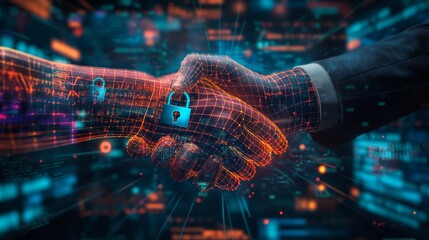 Poster - Two hands shaking with digital locks and data visualization, dark background, concept of cybersecurity and business network.  Generative AI