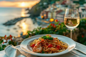 Wall Mural - A table with a variety of food and drinks, including wine glasses and shrimp