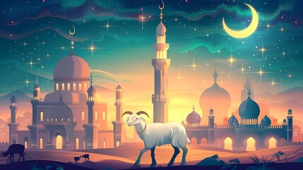 Eid al-fitr Hosni Mubarak mosque and lantern background at night with goat eid al adha