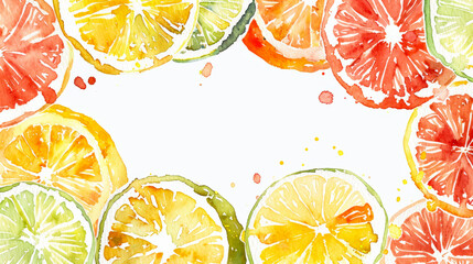 Wall Mural - Hand-painted citrus fruit watercolor frame with white text area in the center, isolated on a white background 