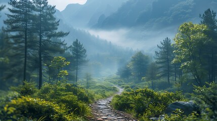 Wall Mural - a serene mountain trail where people are walking for fitness.