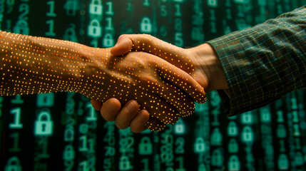 Poster - Close-up of two hands shaking with digital dots overlay, set against a dark background with binary code. Concept of digital handshake and cybersecurity.  Generative AI