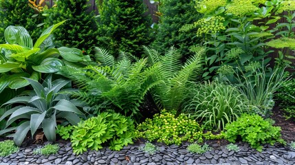 Detailed corner garden with rich green ferns and healthy aloe plants, natural composition, creating a peaceful and inviting environment