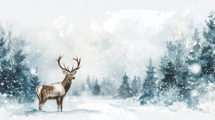 Sticker - Winter forest with deer and snow in tranquil shades of white and gray, watercolor frame with white empty space for text in the center isolated on a white background 