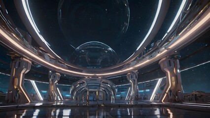 Wall Mural - A futuristic high-tech space station filled with a mesmerizing array of glowing lights and advanced technology