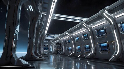 Wall Mural - A futuristic high-tech space station filled with a mesmerizing array of glowing lights and advanced technology