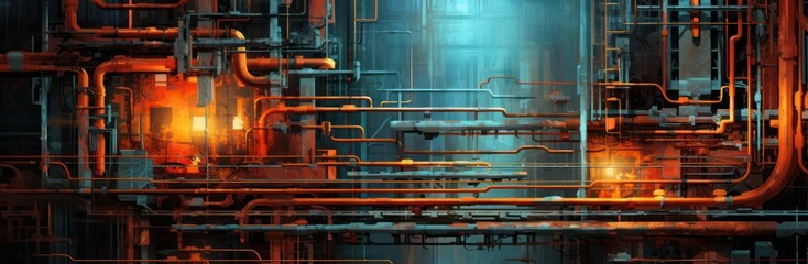 Pipe tube line industry factory night illustration old rust metal refinery.