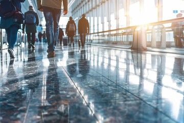 Wall Mural - Airport terminal with people walking on shiny floor 