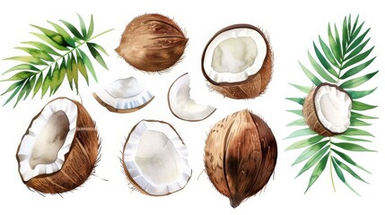 set of watercolor illustrations, coconut, different pieces of coconut and tropical leaves on a white background