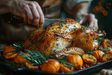 Poster - A Thanksgiving turkey being carved at the dinner table. Concept of holiday feasts and family gatherings. Generative Ai.