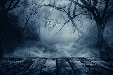 Mysterious fog shrouds eerie forest at night, with an abandoned wooden table