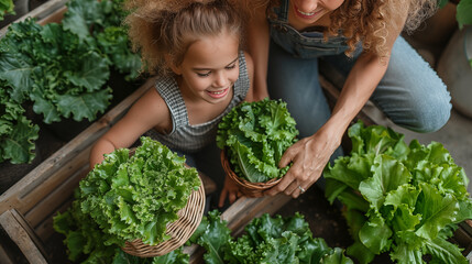 Wall Mural - Mother and daughter tending to their vegetable garden, surrounded by fresh greens like lettuce. 