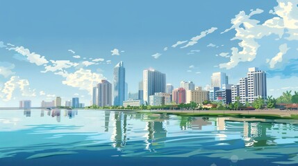 Wall Mural - Aerial view of modern city, panorama of business skyscrapers, seaside, mountains,