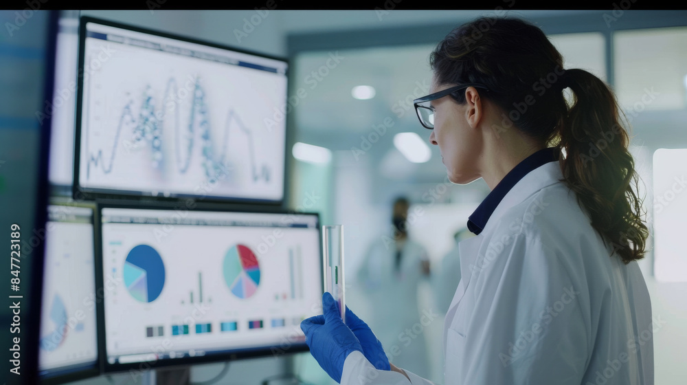 A scientist looks at data on multiple screens in a lab, holding test ...