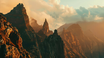 Wall Mural - Majestic peaks of Madeira Portugal at sunset with dramatic clouds