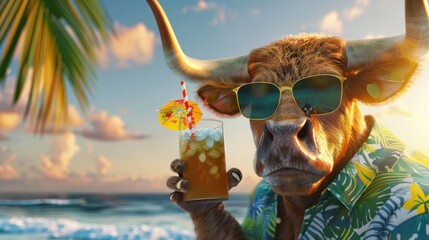 A Cows in shirts and sunglasses drink cocktails on the beach.