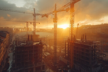 Poster - a construction site with cranes and scaffolding. concept of urban development and growth. generative