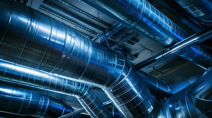 Factory ventilation system close-up, architectural detail, no people, metallic finish, cold blue lighting 